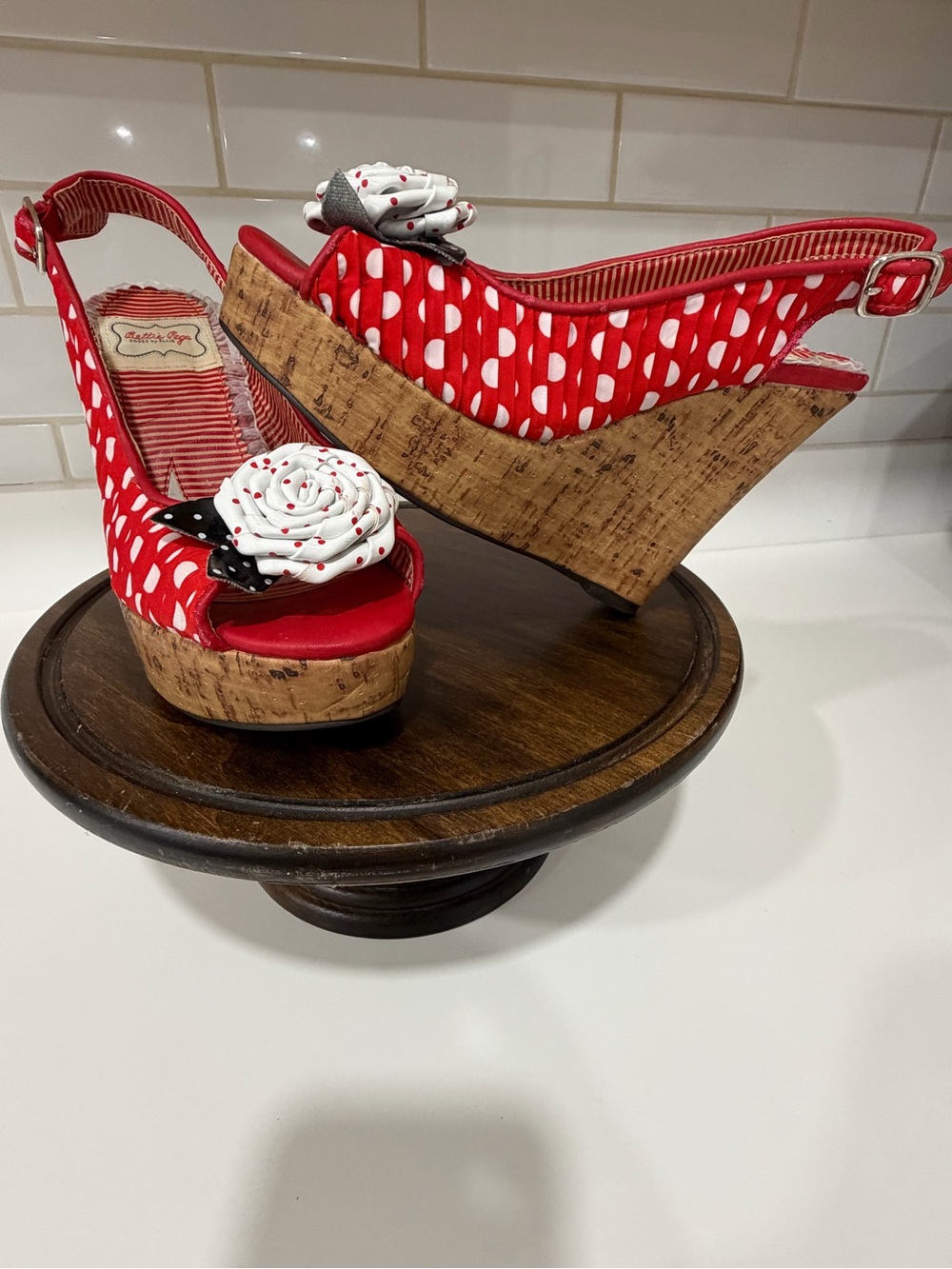 Bettie Page Shoes by Ellie Red Polka Dot Cork Wedges Rosette Pin Up Retro Sz 6